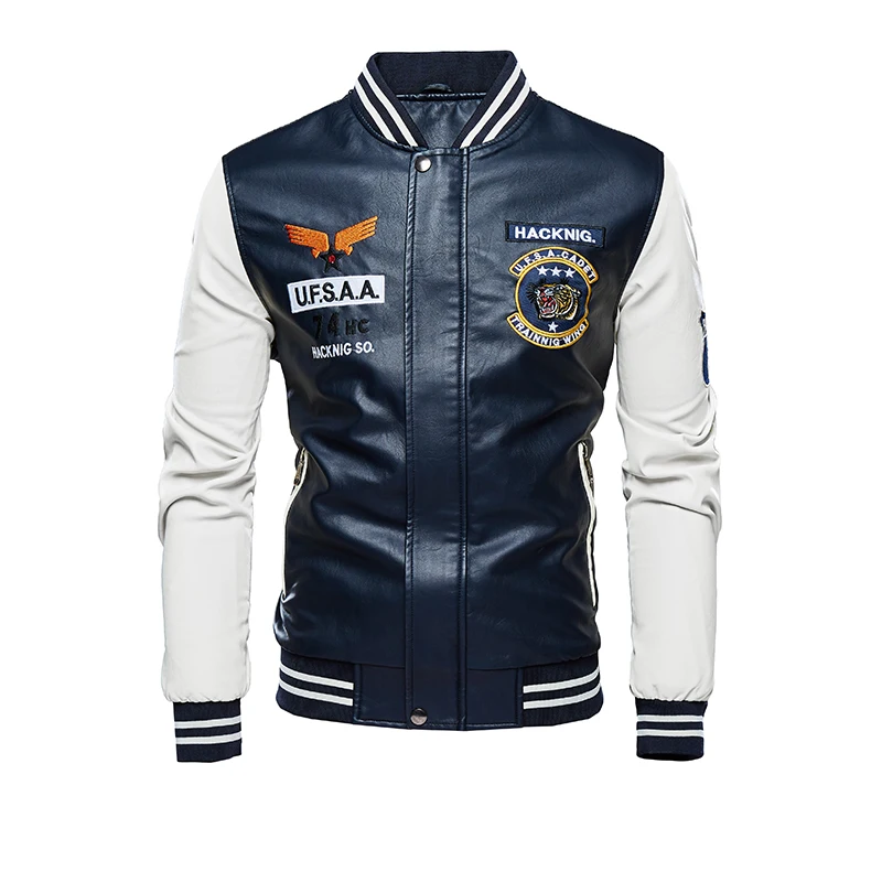 Leather Jacket Men Bomber Baseball Jackets Biker Pu Coat Faux Pilot Varsity Fleece College Top Leather Black Slim Fit Motorcycle