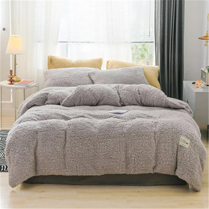 

Winter flannel bedding set soft warm lamb cashmere duvet cover solid fleece flat sheet pillowcase bed cover linen queen full