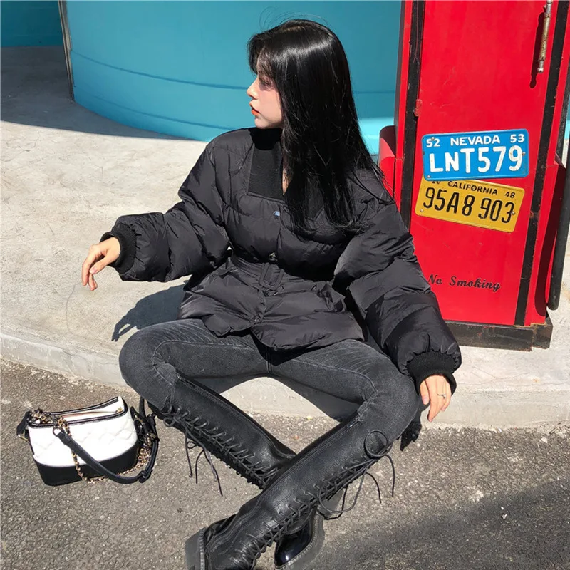 

Down Coat INS New Style Female Winter Fashion Waist Hugging Black And White with Pattern Warm Cotton Coat Mid-length Cotton-padd