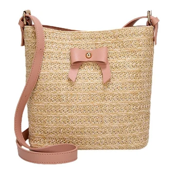 

Women Summer Casual Shoulder Bow Straw Woven Bucket Crossbody Bag(Pink)