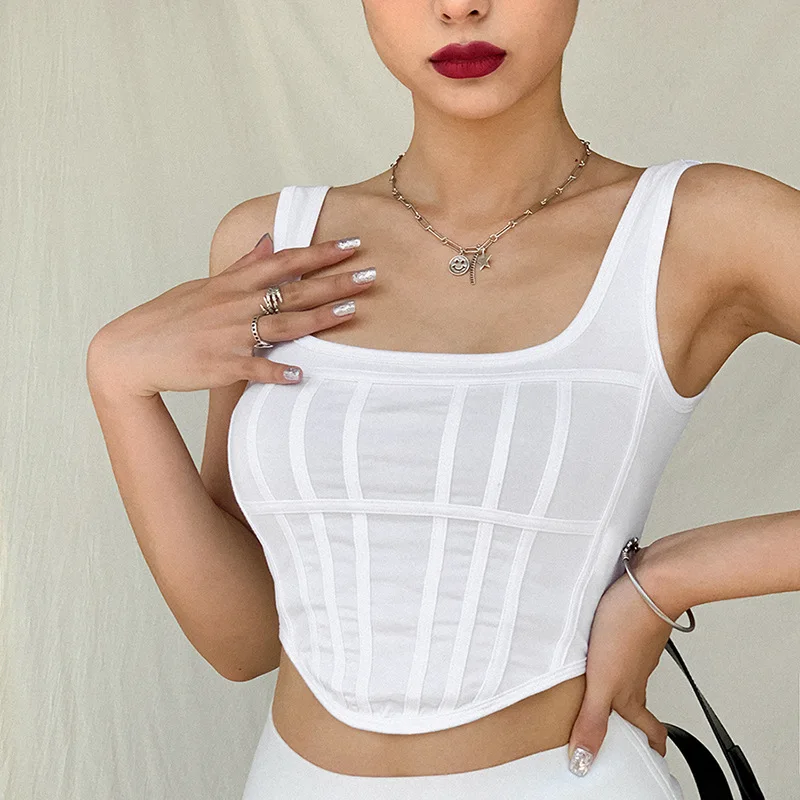 

Girls Sexy Solid Color Crop Top Summer Ladies Fashionable Streeetwear U-neck Sleeveless Slim Short Vest Top Base Shirt for Women