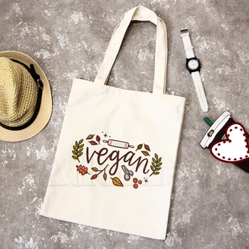 

Vegan Power Vegetarian Canvas Simple Cartoon Print Shopping Bags Girls Fashion Life Casual Pacakge Hand Bag