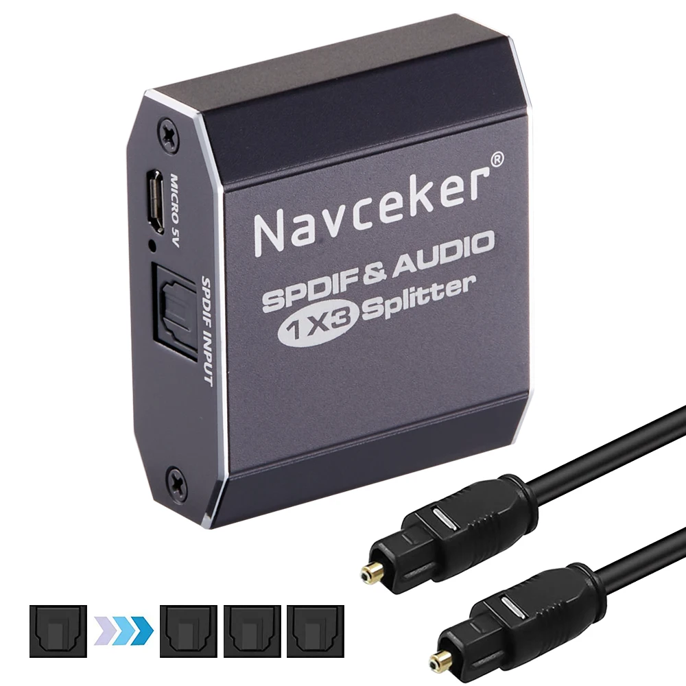 Convertisseur Audio Optique ESynic 3x1 - 3 Entrées Toslink SPDIF, 1 Sortie - Support LPCM2.0, DTS, Dolby-AC3 - Avec Télécommande IR Et Câbles