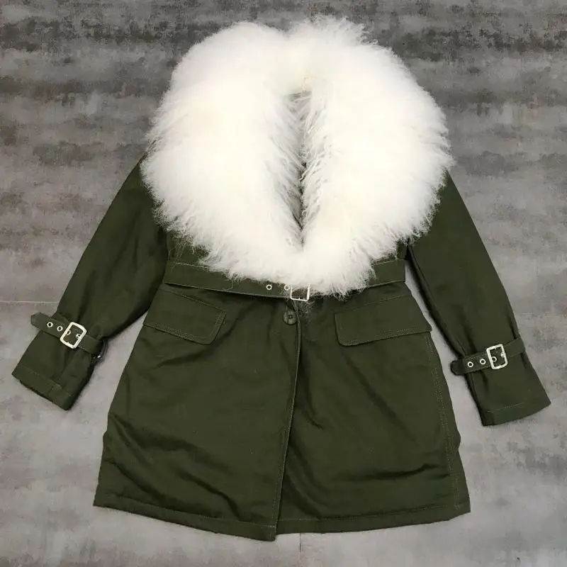 

2019 Winter Coat Woman New Real Lambs Fur Collar Padded Belt Waist Long Padded Coat Cotton Coat Women's Warm Army Green Overcoat