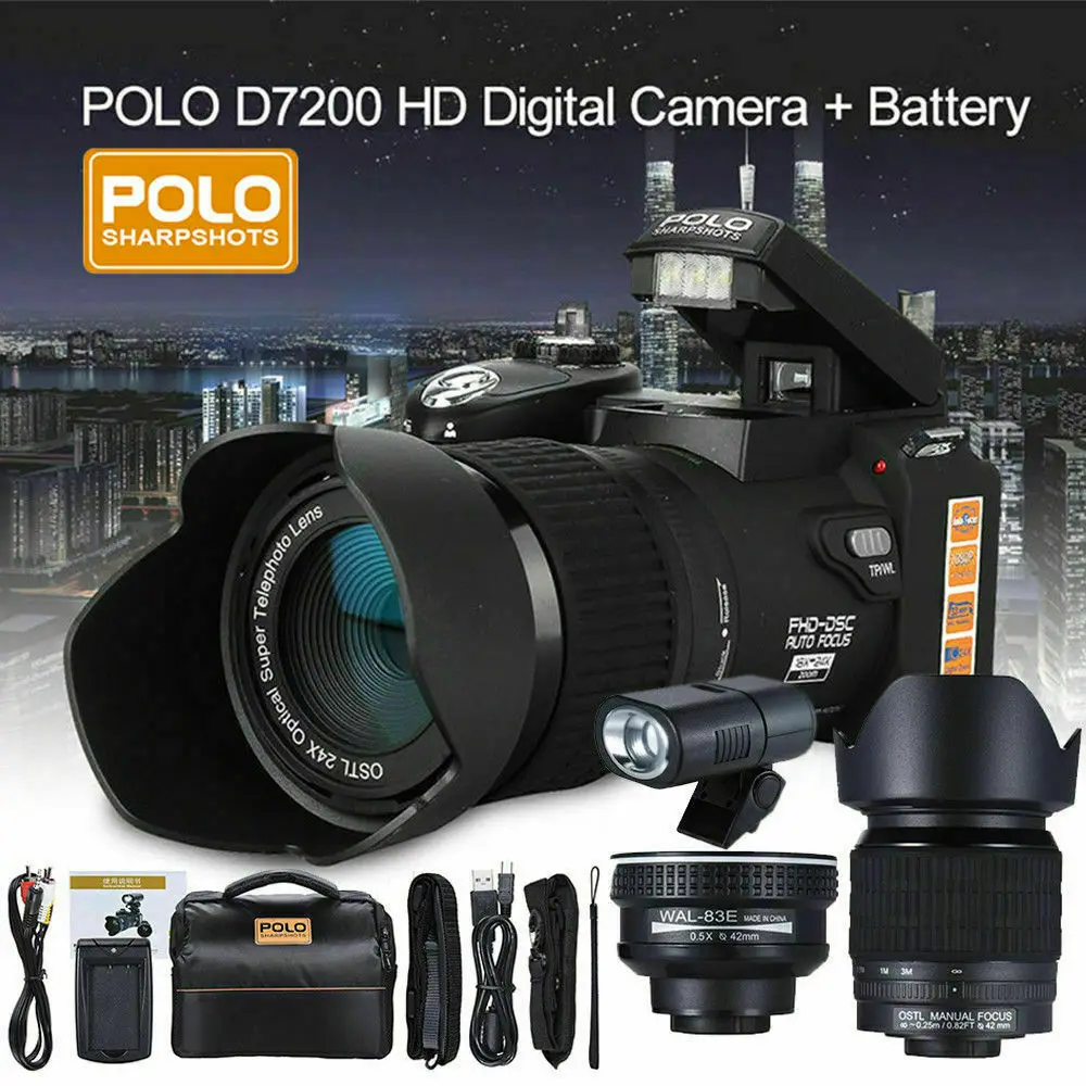 D7200 D7100 Polo 33MP Digital Camera DSLR 0.5X Wide Angle Lens 24X Telephoto + LED Light EU US Plug | Электроника