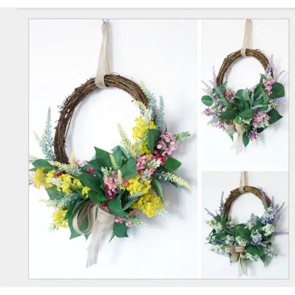 Handmade Lavender Wreath Floral Artificial Simulation Garland Wreath with Rattan Ring and Bow Ribbon
