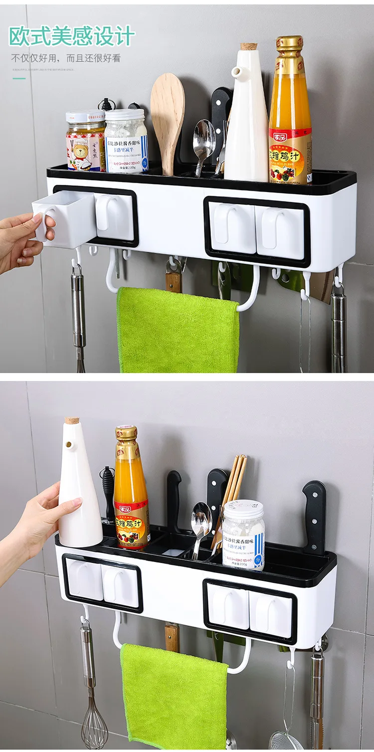 Kitchen Storage Rack Holder Free Nail Wall Hanging Seasoning Bottles Storage Rack Shelf Multi-function Kitchen Organizer Tools