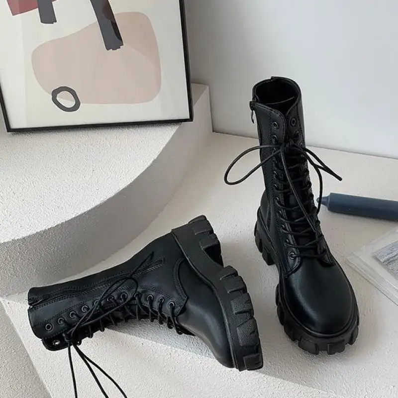 2021 New Mid Tube Boots Women's Autumn and Winter Fashion Lace Up Zipper Boots Mujer Sports Boots Thick Soled High Heels