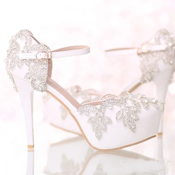 

Round Toe Crystal Bride Shoes White Bridal Wedding Dress Shoes with Ankle Straps Platform Formal Dress Shoes Prom Party Pumps