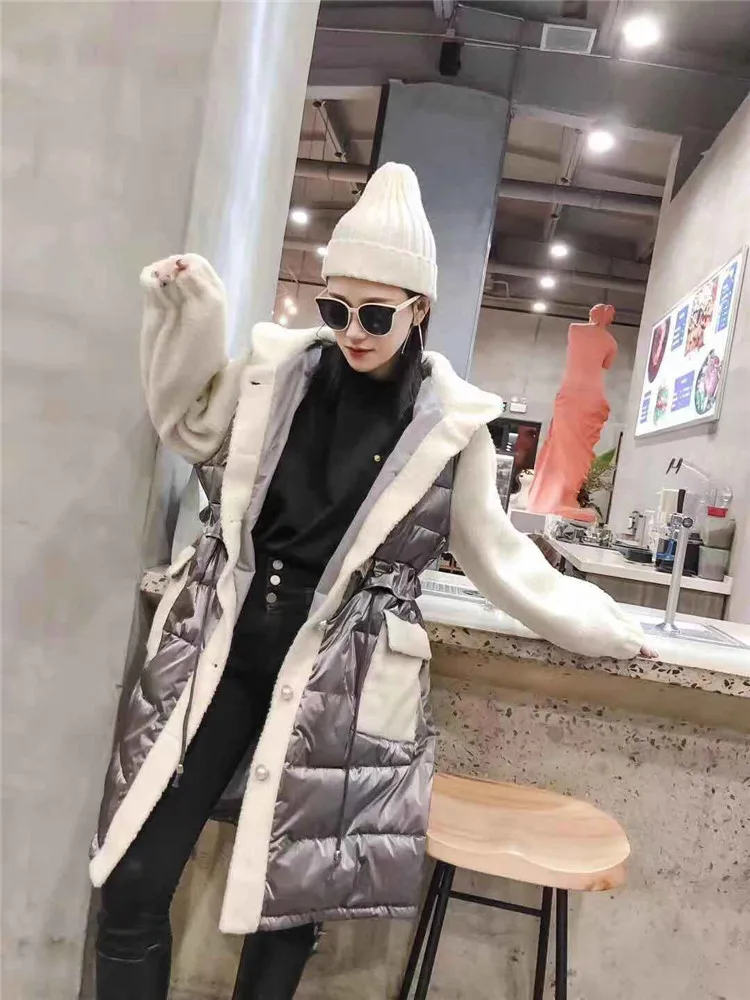 Куртка размера плюс 6XL, стеганая, зимняя, теплая, женская, овечья шерсть, прошитая, глянцевая, пуховик, с капюшоном, длинное пальто, для женщин, можно носить 100кг
