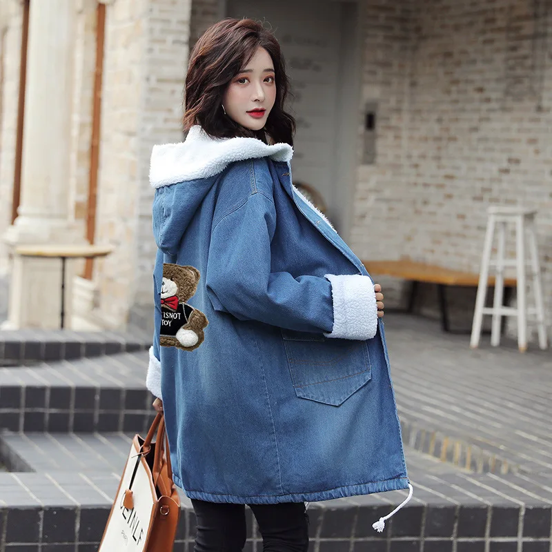 

2019 Winter Korean-style Students Embroidered Lambs Wool Mid-length Hooded Cowboy Brushed And Thick Coat WOMEN'S Dress