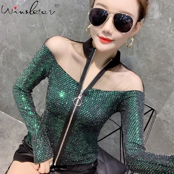 

New T Shirt Women Shiny Sequined Tops Zipper Cardigan Spring Long Sleeve Korean Casual Transparent T-shirt Camiseta Feminina