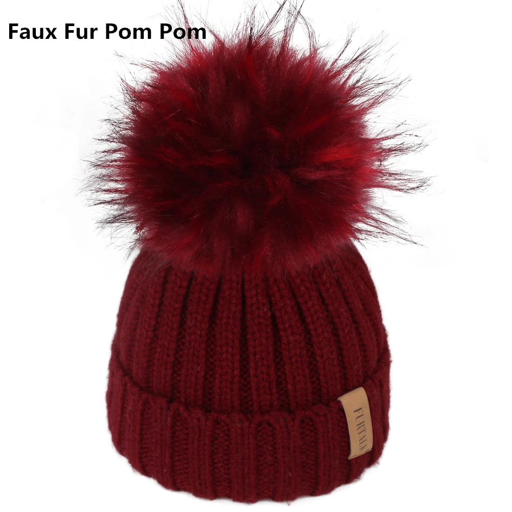 Детская шапка FURTALK, зимняя шапка для мальчиков и девочек 1-10 лет, с помпоном из меха, вязаная теплая шапка-бини - Цвет: Faux Fur Pompom 3