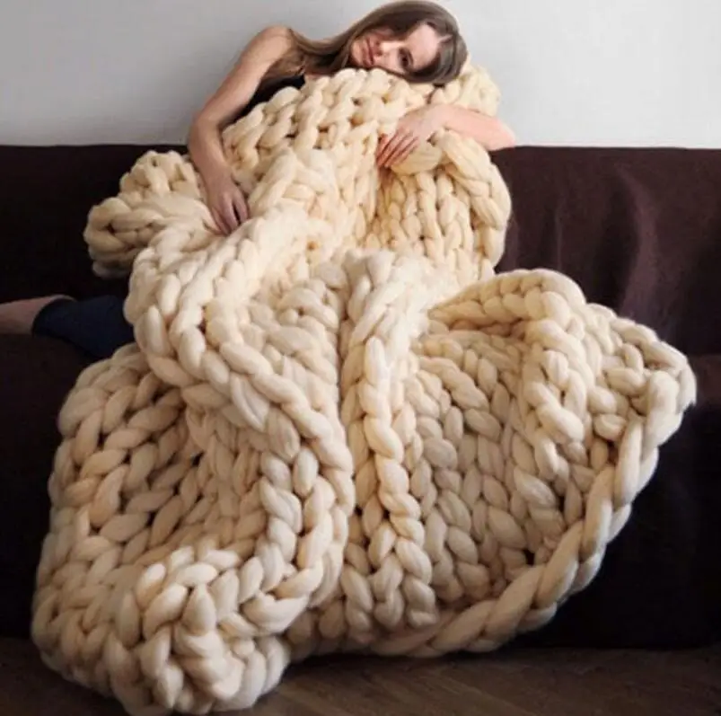 

Nordic Style Blanket Chunky Wool Knitted Blanket Hand-woven Sofa Cover Thick Yarn Wool chunky knit blanket All Seasons