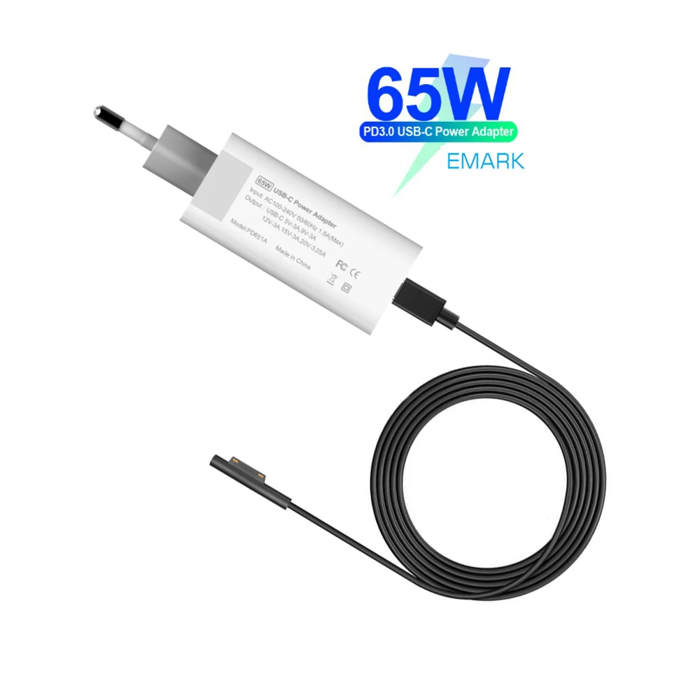 PD USB Type C Charger for Microsoft Surface Pro 6/5/4/3 Go Book Tablet Compatible 15V/12V 4A 3A 2.58A 65W 44W PD Charging Cable