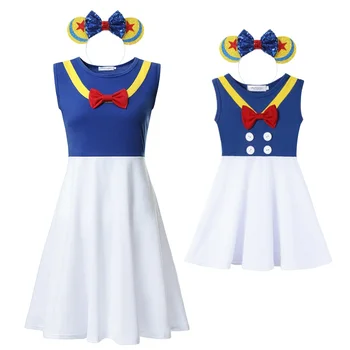 

MUABABY Mother and Daughter Dress Up Clothes Mum Girl Cartoon Duck Casual Tunic Sundress with Bow Halloween Birthday Costume