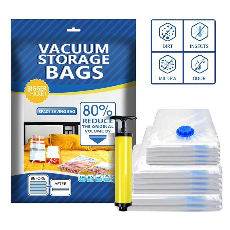 Reusable Space Saver Bags Vacuum Storage Bags 6Pcs Travel Vacuum Pack Storage Bags Vacuum Compressed Storage Bags for Clothes Blankets Quilts Bedding Cushions 60*80cm