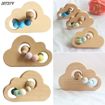 

OOTDTY Baby Teething Wooden Rattle Cloud Silicone Beads Teether Newborn Nursing Chewing Toys Shower Gifts