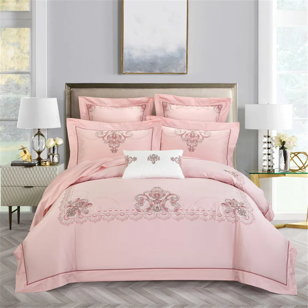 cheap YeeKin 40S Egyptian Cotton Embroidery Pink Color Princess Wedding Duvet Cover King Queen Egyptian Cotton Embroidery Bedlinen