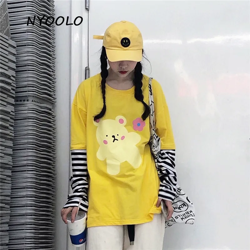 

NYOOLO Vintage Childlike Bear striped patchwork tee shirt Autumn streetwear Fake 2 Pieces Long Sleeve T-Shirt women clothing top