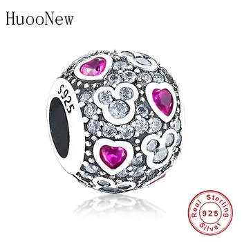 

HuooNew Fit Original Pandora Charms Bracelets Bangle 925 Sterling Silver Mickey Red Heart Shape CZ Stone Beads Making Berloque