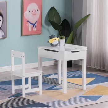 

Children's Study Table Chair Set White With 2 Drawers MDF Scratch Resistant Household Furniture Girls Boys Learn Game Desk Seat