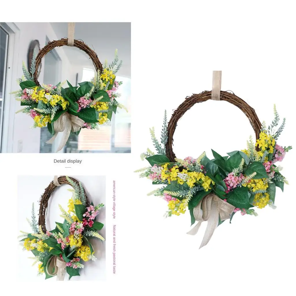 Handmade Lavender Wreath Floral Artificial Simulation Garland Wreath with Rattan Ring and Bow Ribbon