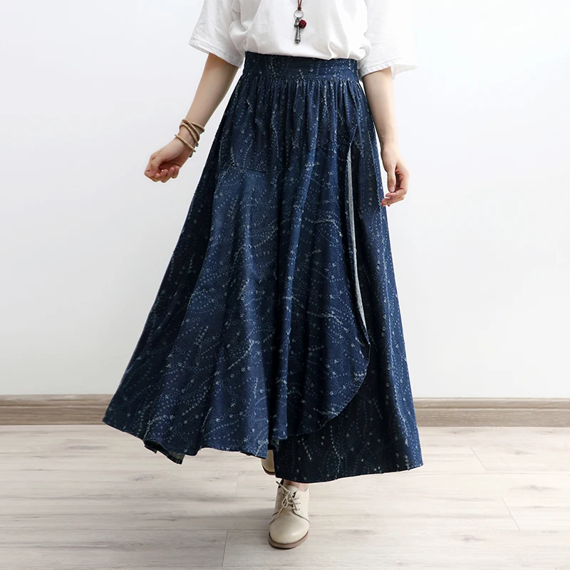 TIYIHAILEY Free Shipping 2021 Long Maxi A-line Women Elastic Waist Spring And Autumn Denim Vintage Print Jeans Slit Skirts