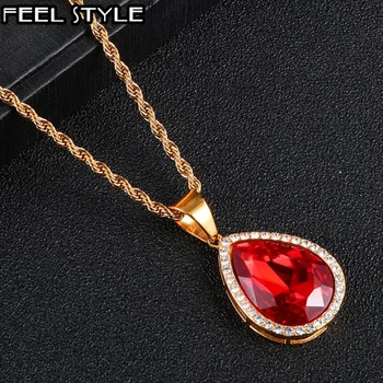 

Red Rhinestone Unisex Water Drop Shape Hip Hop Iced Out Chain Necklace Crystal Pendants & Necklaces For Women Men Jewelry