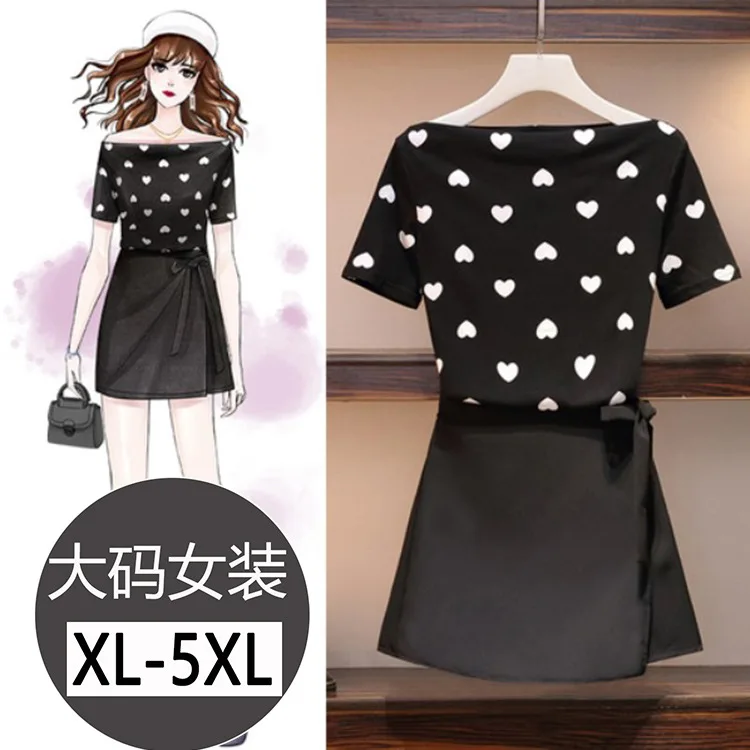 

Large Size Dress Horizontal Neck Polka Dot Short Sleeve T-shirt Tops Women's High-waisted Wide-Leg Short Skirts Bow Two-Piece Se