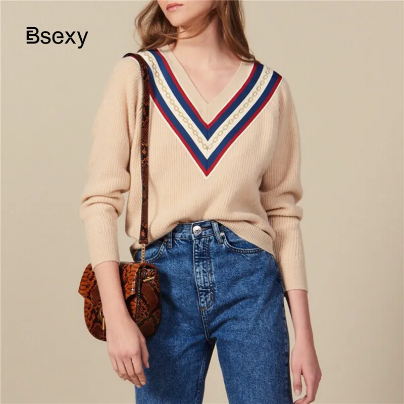 2019 New Women's Knitted Sweater Preppy Style Long Sleeve Striped Chain Print V Neck Knitwear Pullover Autumn Winter Girls Cloth |
