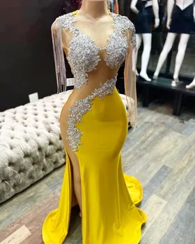 

Yellow Prom Dresses Mermaid One-shoulder Long Sleeves Appliques Beaded Slit Sexy Long Prom Gown Evening Dresses Robe De Soiree