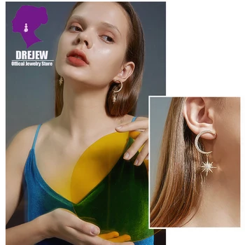 

DREJEW Cute Moon Star Drop Earrings Gold Silver Rose Luxury Rhinestone Statement Long Small 925 Dangle Earrings Women Wedding