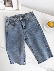Женские джинсовые шорты с высокой талией до колена, однотонные облегающие тонкие модные Универсальные женские джинсовые шорты наивысшего