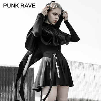 

PUNK RAVE Girl's Gothic Lace-up Swallow Tail Fluffy Bulbs Hooded Capes Party Club Women Short Ponchos Personality Cape Poncho