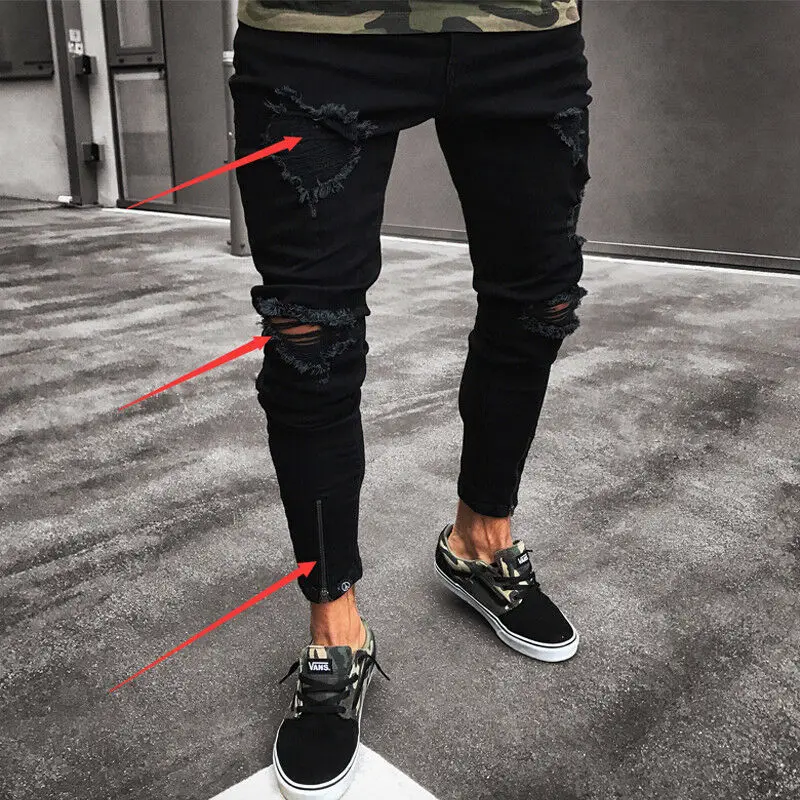 

Fashion Men's Ripped Skinny Jeans Destroyed Frayed Slim Fit Denim Pant Zipper Trousers