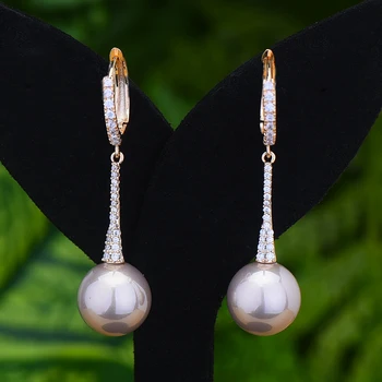 

Jimbora Long Dangle Big Pearl Drop Earrings Full Mirco Paved Cubic Zircon Wedding Earring Luxury Baguette CZ Luxury Earrings
