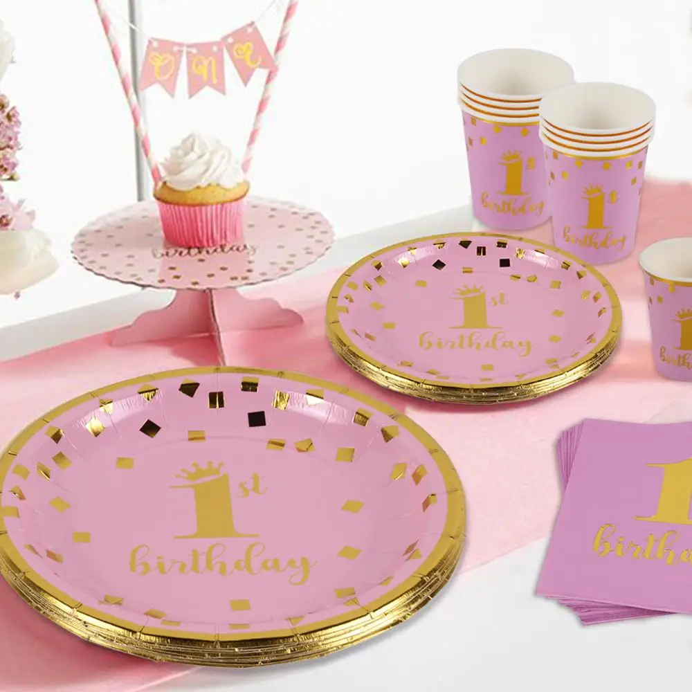 Baby 1st Birthday Party Disposable Tableware Pink Blue Plate Cup Napkin One Year First Birthday Party Table Decor Baby Shower 