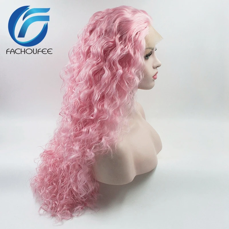 FACHOUFEE светильник, розовые синтетические волосы, парики на кружеве для женщин, вечерние, термостойкие волокна, длинные, глубокие, кудрявые, бесклеевые парики на кружеве