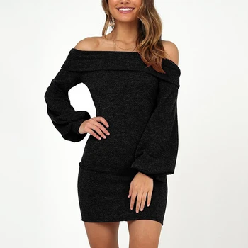 

New Spring Off Shoulder Dress Lantern Long Sleeves Bodycon Dress Elegant Pullover Solid Color Mini Party Slim Femme Office Dress
