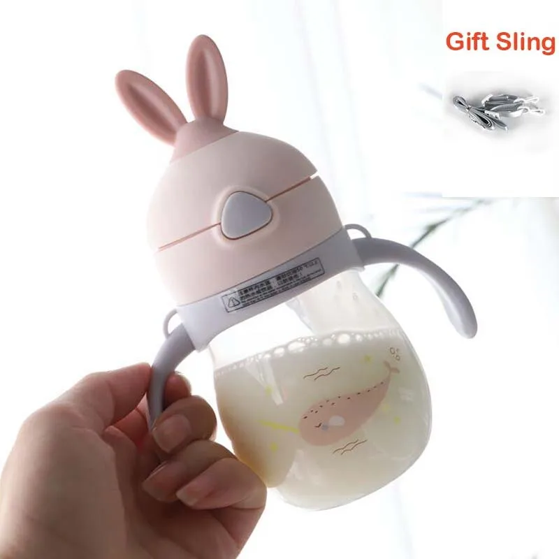 320ml Baby Kid Straw Cup Cartoon Animal School Drinking Water Straw Bottle Straw Sippy Cup With Shoulder Strap - Цвет: Pink Rabbit Bottle