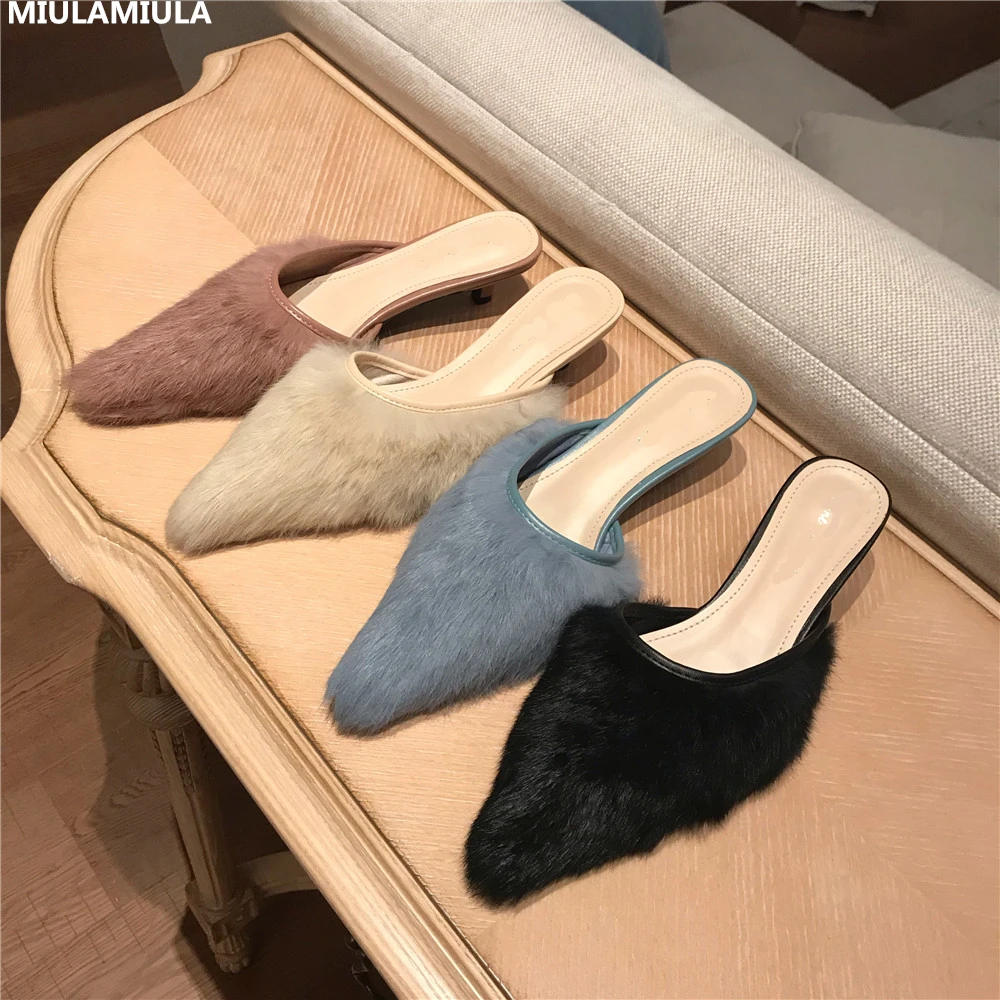 

MIULAMIULA Brand Designers 2019 Autumn Luxury Sexy Soft Rabbit Hair Fur Slippers Kitten Heels Lady Pumps Slip On Loafers Mules