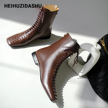 

Genuine Leather Chunky boots women Square toe lace u flat heel ankle boots for women 2020 Fashion street style women boots