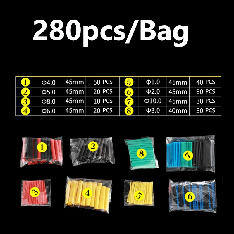 280PCS Car Wire Connector Shrinking Assorted Heat Shrink Tube Polyolefin Auto Motorcycle Wire Cable Insulated Sleeving Tubing