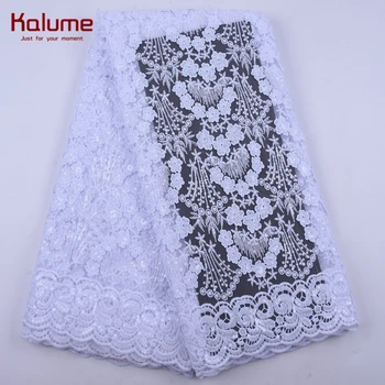 

Kalume Latest African Lace Fabric Sequins Pure White 3D Flower French Mesh Milk Silk Lace Fabric For Nigerian Wedding Party 2044