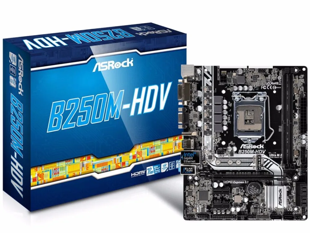 ASRock B250M HDV для Intel B250 LGA 1151 Socket SATA 6 ГБ/сек. Ultra M.2 интерфейс USB 3 0 DDR4 Micro ATX десктопная