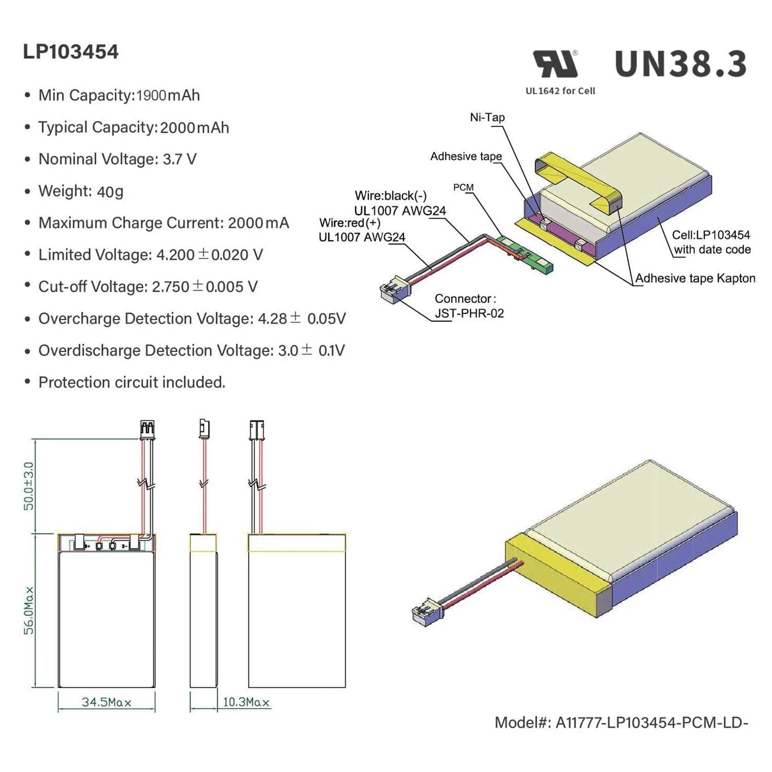 Célula de Bateria Baterias de Polímero de Lítio Recarregável para Câmera Eemb Lipolymer Lipo Dvr Mp5 Navegador Gps 103454 3.7v 2000mah - Image 2