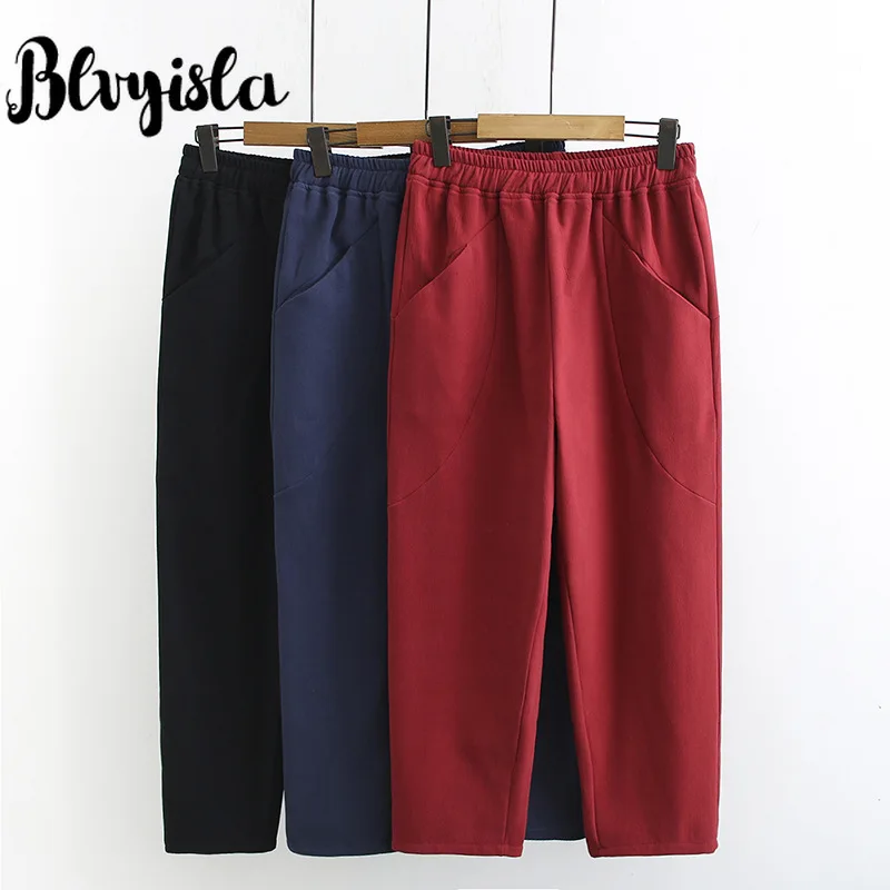 Blvyisla, Ретро стиль, XXXL, большие, хлопковые, льняные, Утолщенные, редиски, штаны, женские, зимние, эластичные, двойные карманы, свободные штаны