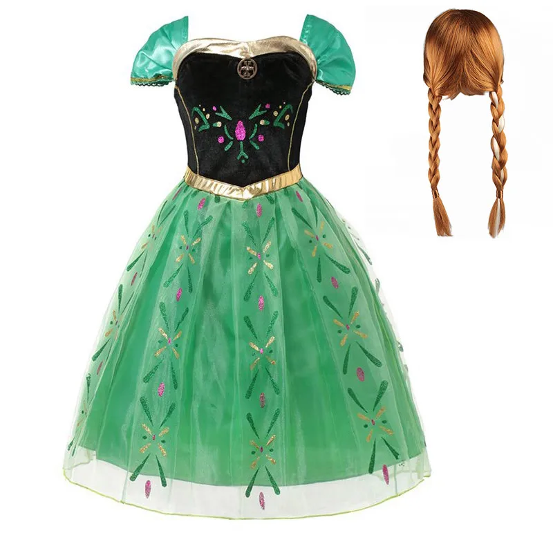 Green Anna Dress Праздничная одежда принцессы для девочек, платья Золушки, Белль, Рапунцель, Аврора, Ариэль, Белоснежка, Эльза, Анна, жасмин, София, с париком, косплей - Цвет: Green Anna Dress