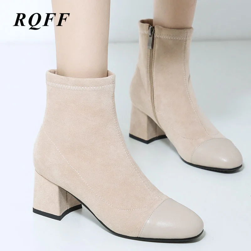 Plus Big Size Autumn Winter Ankle Boots for Women Fashion Square Toe Block High Heel Shoes Woman Solid Beige Black Flock Boot 43 | Обувь